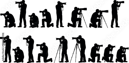 flavector photographers in action silhouette set – diverse camera poses with tripods and long lenses