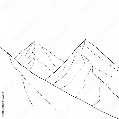 Mountain Peaks Monochrome: A stark, minimalist drawing of imposing mountain peaks against a clear sky, exuding a sense of grandeur and solitude.