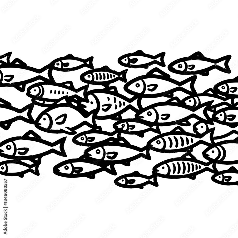 Naklejka premium Fish swimming in a line: A minimalist illustration of a school of fish swims together creating a harmonious line
