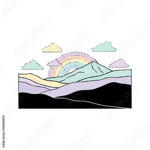 Rainbow Over Serene Landscape: A tranquil landscape unfurls, with mountains gently rising towards a vibrant rainbow, conveying the hope and serenity.