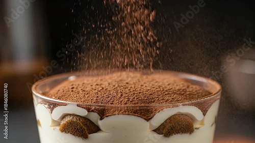 Close Up of Tiramisu Dessert Being Sprinkled with Cocoa Powder in Glass on Dark Table with Kitchen Utensils in Blurred