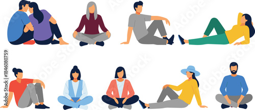Diverse people sitting relaxing on the floor in casual clothes, enjoying a calm group gathering, rest, leisure, and peaceful mindfulness illustration vector.