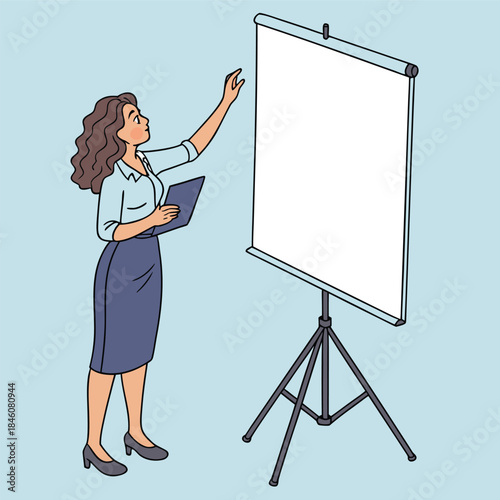 Businesswoman gives presentation, points at blank screen for custom content