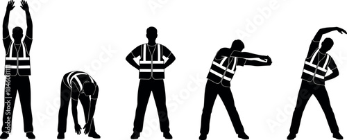 flavector: Silhouette Workers Doing Stretching Exercises with Safety Vests for Injury Prevention and Flexibility