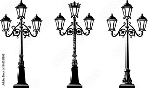 flavector vintage street lamp silhouettes with ornate five-lantern designs and decorative pole variations