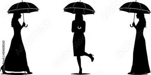 flavector women with umbrellas silhouette – stylish poses in dresses and heels with graceful movement
