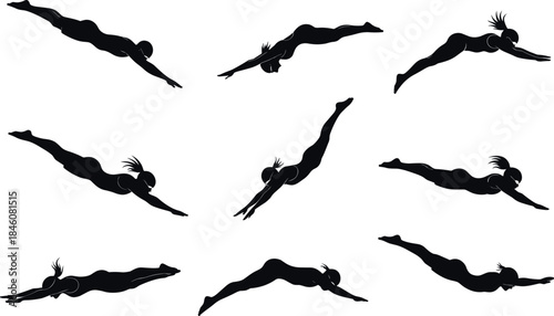 Flavector, diving silhouette sequence, athletic motion, swimmer form, sports pose, water entry, dynamic dive illustration