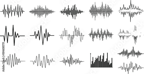 Audio waveform icons set, sound wave illustrations, music frequency patterns, voice signal graphics for audio editing, podcasts, recording, and digital media design
