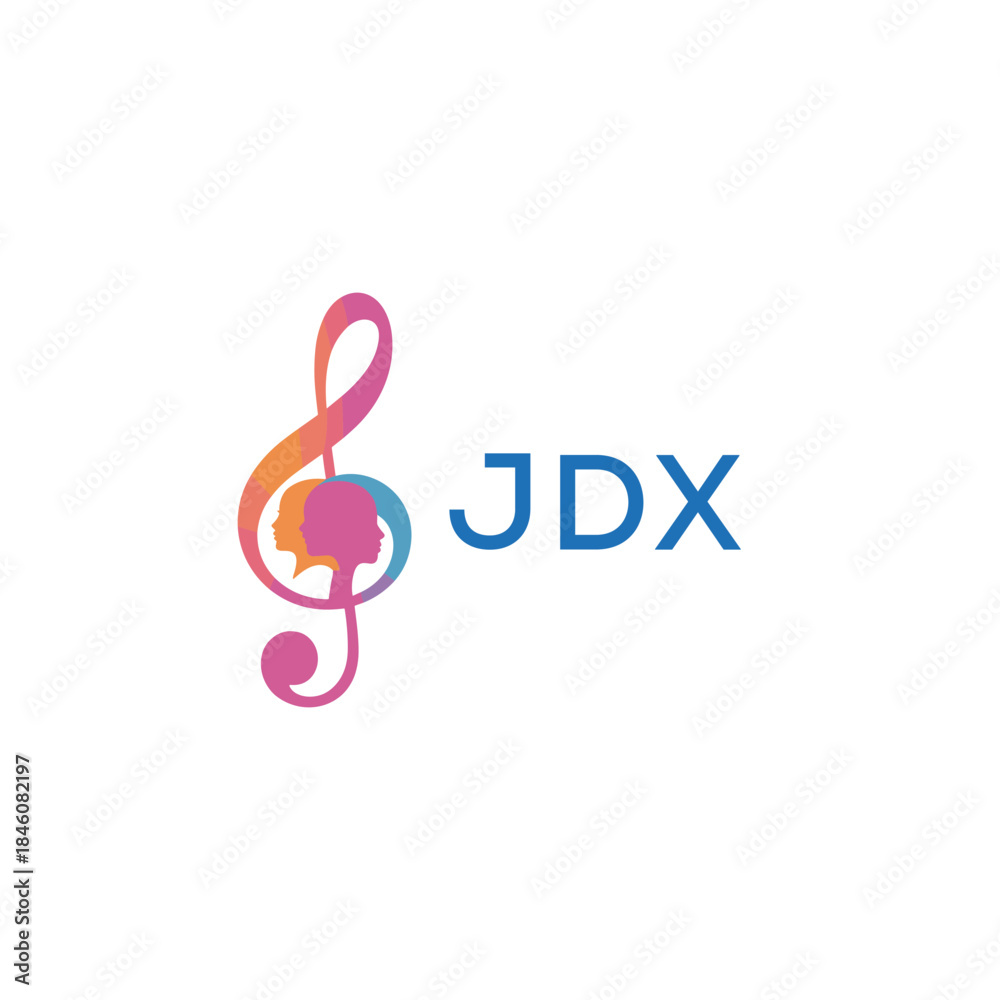 Fototapeta premium “Creative music logo with human silhouettes and treble clef in gradient colors, JDX Later Logo, modern artistic design isolated on white background” 