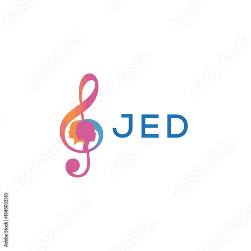 “Creative music logo with human silhouettes and treble clef in gradient colors, JED Later Logo, modern artistic design isolated on white background” 
