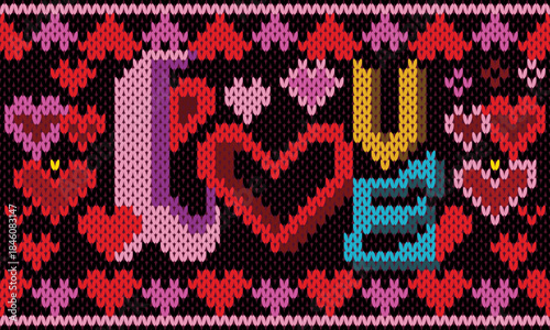 Knitted typography spelling “LOVE” surrounded by heart motifs on a dark background.