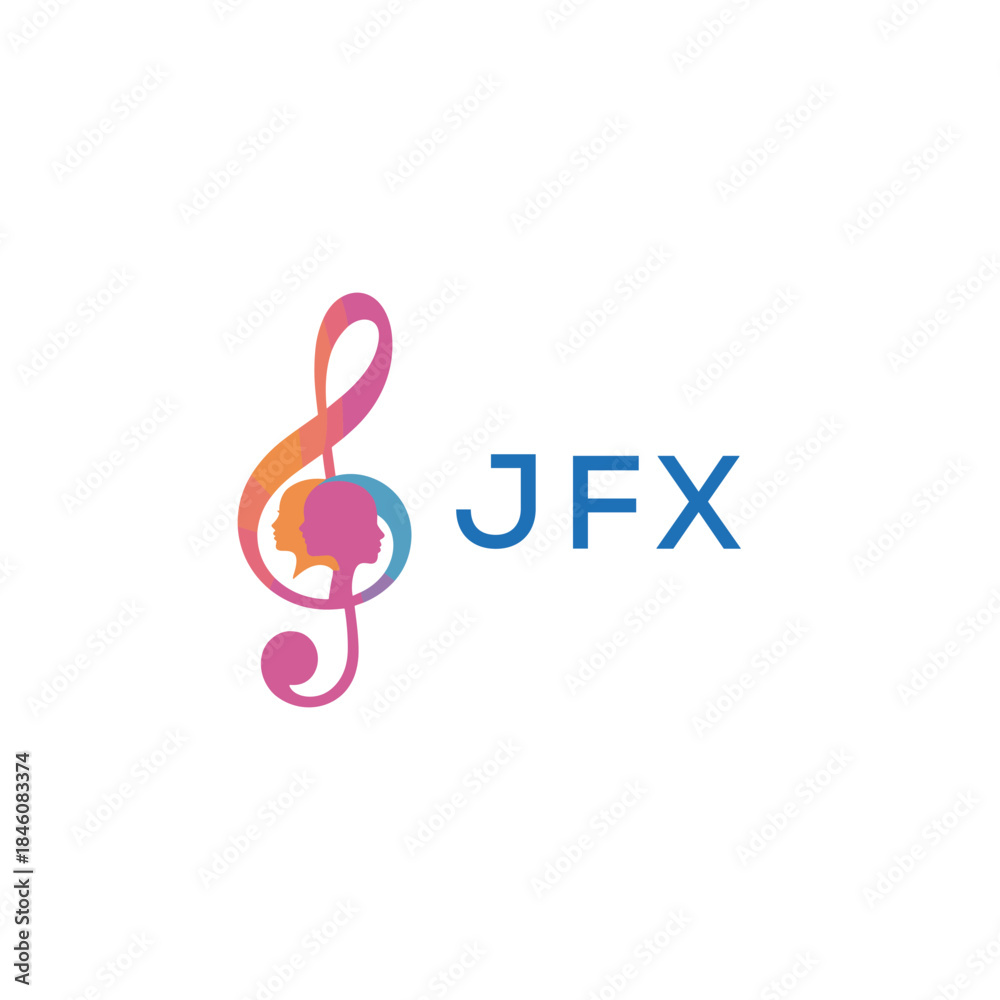 Fototapeta premium “Creative music logo with human silhouettes and treble clef in gradient colors, JFX Later Logo, modern artistic design isolated on white background” 