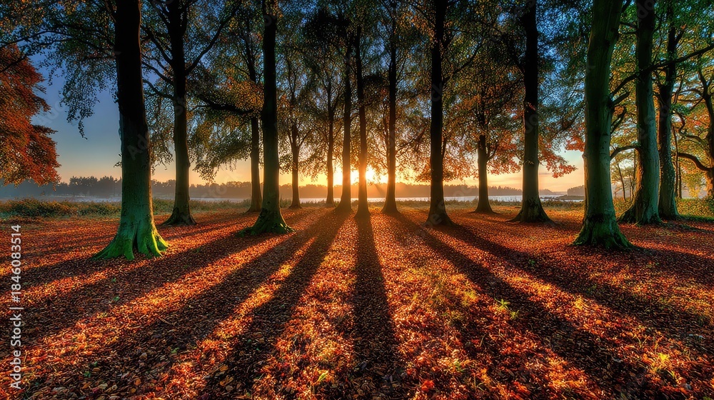 Fototapeta premium Sunbeams pierce through trees onto an autumn forest floor.
