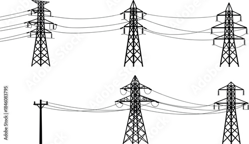 flavector, transmission tower silhouettes, power infrastructure, electrical pylons, utility pole design, engineering, white background
