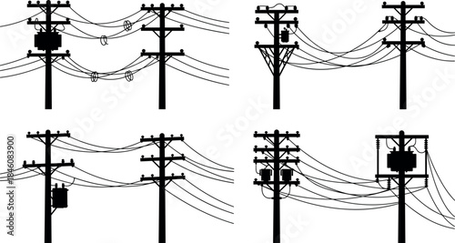 flavector, utility pole silhouettes, power line design, electrical equipment, infrastructure diversity, engineering, white background