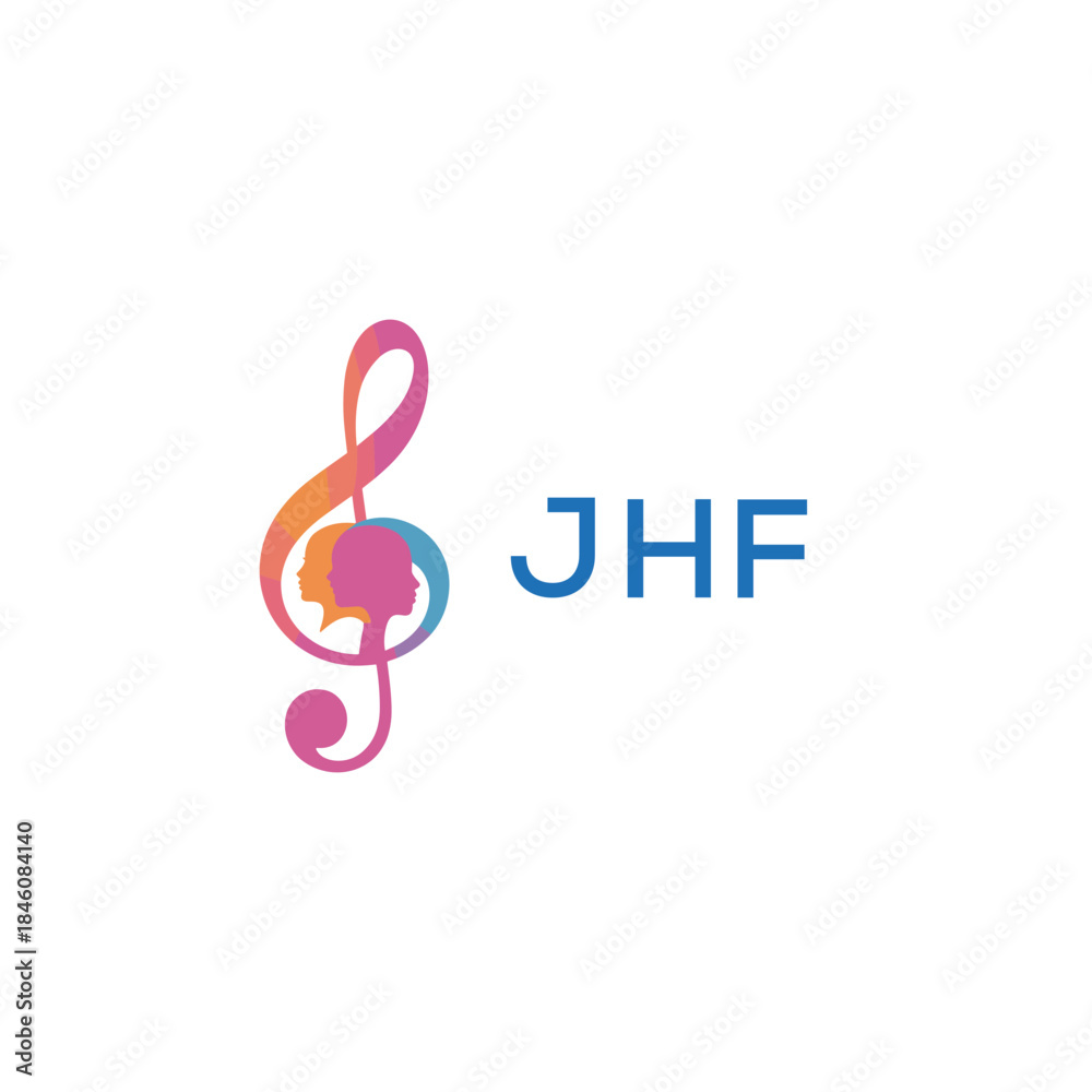 Fototapeta premium “Creative music logo with human silhouettes and treble clef in gradient colors, JHF Later Logo, modern artistic design isolated on white background” 
