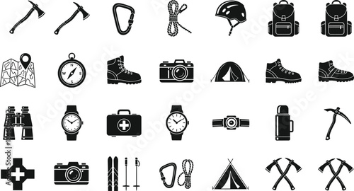 Camping and hiking equipment icons, outdoor adventure gear collection, survival tools illustration, travel essentials set for trekking, climbing and exploration