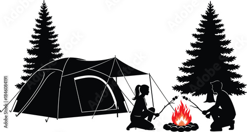 Camping silhouette scene, couple roasting marshmallows, outdoor tent setup, forest campfire illustration, wilderness adventure artwork, pine tree campsite design