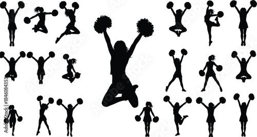 Cheerleader silhouette set, energetic jumping poses with pom poms, dance and sports performance figures for fitness, team spirit, athletics, and choreography design