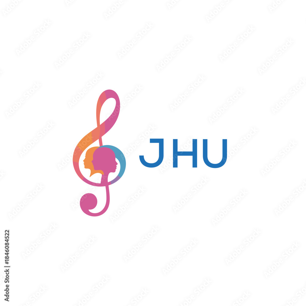 Fototapeta premium “Creative music logo with human silhouettes and treble clef in gradient colors, JHU Later Logo, modern artistic design isolated on white background” 