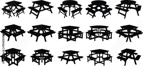 Collection of fifteen black silhouette icons of various picnic table designs including square, round, and rectangular outdoor park furniture sets.