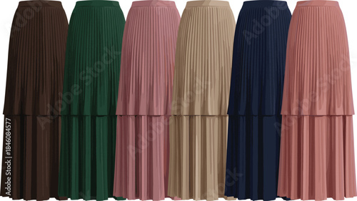 Collection of long pleated skirts in various colors, fashion clothing illustration, elegant layered skirt designs for apparel, boutique and wardrobe styling
