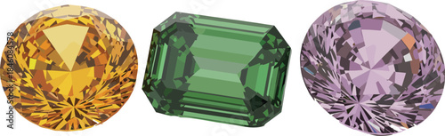 Colorful gemstones in yellow, green, and purple, sparkling faceted jewels, crystal stones illustration, luxury gem collection for jewelry design