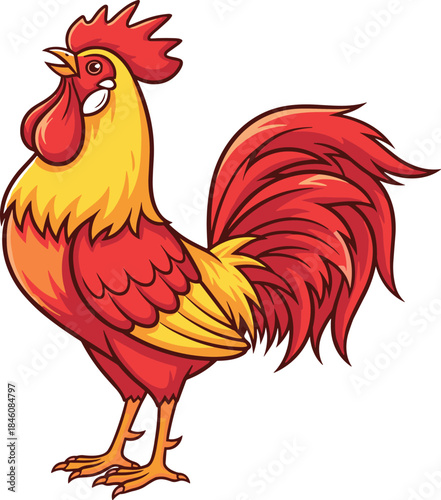 Colorful rooster vector illustration, red and yellow cockerel standing mascot, farm animal bird icon for agricultural branding, organic food logo.