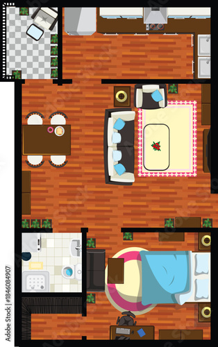 One BHK House Interior Design Top View Small Flat Apartment Vector