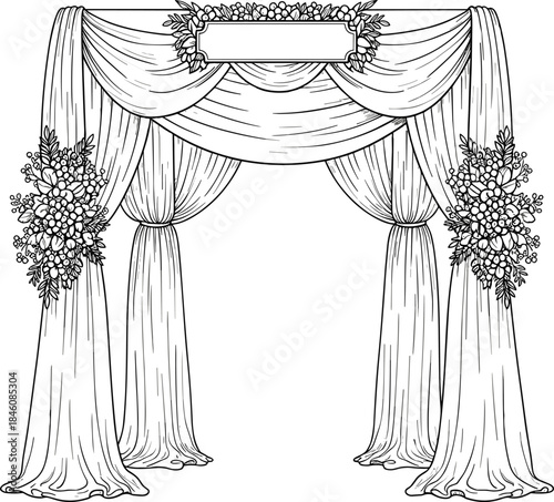 Elegant wedding arch with draped fabric and floral arrangements, decorative ceremony archway outline, romantic event backdrop illustration for celebrations