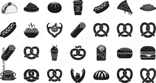 Fast Food Icon Set Vector Silhouette of Pizza, Burger, Hot Dog, Taco, Pretzel, Burrito, Coffee, and Snack Collection for Menu Design