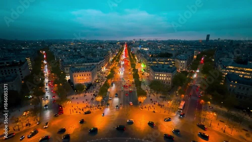 Panoramic view of the streets of Paris at night from the Arc de Triomphe, Paris, France, October 15, 2025. High quality 4k footage