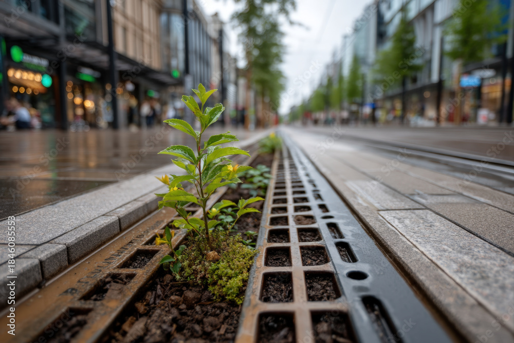 Fototapeta premium Close-up of metal tree grate with rainwater channel on modern urban sidewalk