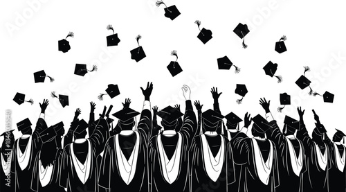 Graduation celebration silhouette, students throwing caps, academic achievement moment, university ceremony illustration, successful graduates celebrating, education milestone artwork scene
