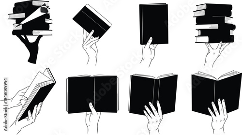 Hand holding book illustrations, reading gesture silhouettes, stack of books, open pages, literary artwork for education, library, publishing, and academic design