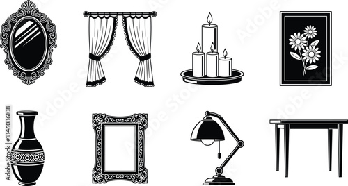 Home décor icon set, decorative interior elements, furniture and accessories illustration, stylish household design graphics, elegant decoration collection artwork