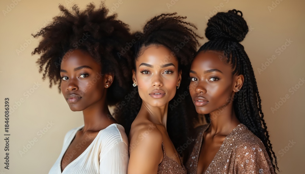 Obraz premium Three elegant women with natural curly hairstyles pose closely together, showcasing diverse beauty and confidence in a studio setting. They represent modern femininity and ethnic pride.