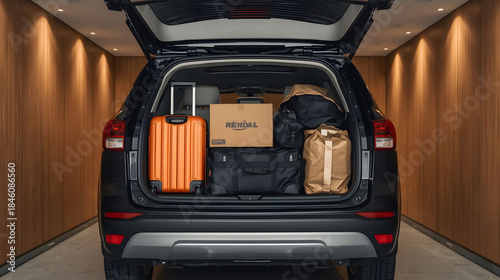 Packed car trunk with suitcases and travel bags ready for departure, modern road trip preparation, vacation mobility concept and transport lifestyle background