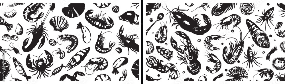 Fototapeta seafood illustration vector, fish graphic elements, ocean food artwork, marine food design, fish doodle illustration, seafood clipart vector pack, coastal food illustration, fish pattern design, kitch