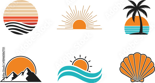 Minimalist Tropical Summer Beach Icon Set with Sun, Palm Tree, Ocean Waves, Seashell, Mountain Landscape, and CAD Drawing Flat Vector Illustration
