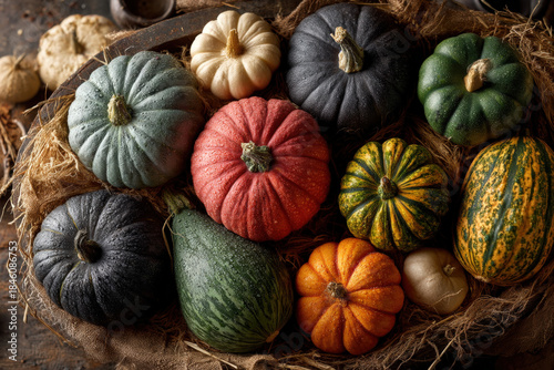Wallpaper Mural Top-down view of assorted pumpkins and squash on straw in a rustic farm setting Torontodigital.ca
