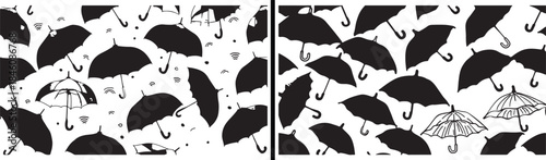 Rainy day umbrella pattern, autumn weather background art, hand drawn monsoon wallpaper, seamless protection textile design, rainy season repeating texture, storm and weather doodle, minimalist umbrel