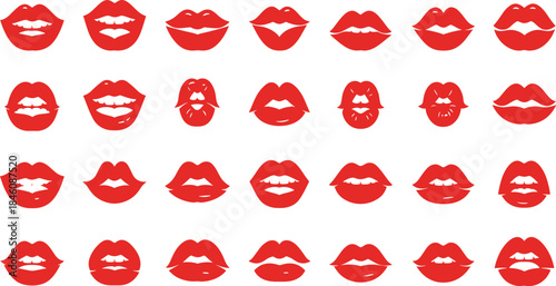 Red lips icons in various expressions, mouth silhouettes collection, kiss symbols, lip illustration set, beauty cosmetic graphic elements