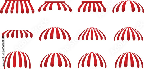 Red striped awning set, shop canopy designs, storefront shade collection, classic market awnings, retail sunshade illustration pack, decorative canopy elements