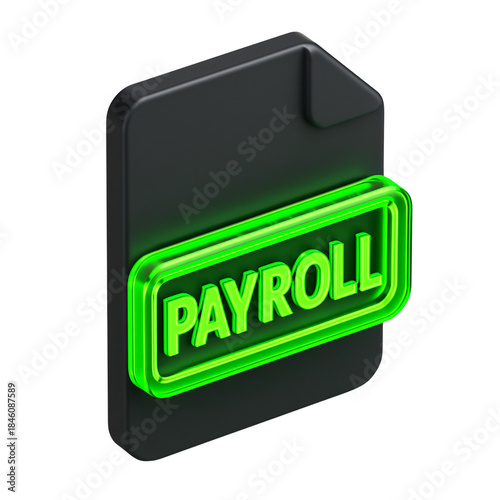 3D Payroll File Icon with Glowing Green Text. payroll, document, icon, finance, 3d