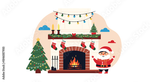 Cozy Christmas scene with Santa Claus standing by a decorated fireplace, stockings, and a brightly lit Christmas tree with gifts.