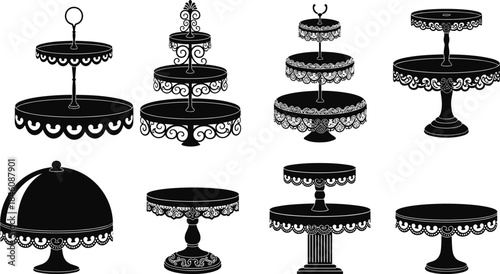 Set of Decorative Cake Stand Silhouettes with Ornate Details for Wedding Bakery Display Catering Events and CAD Drawing Flat Vector Illustration