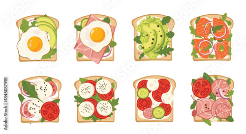 Top-down view of eight different delicious and healthy open-faced sandwiches or toasts with various fresh toppings like avocado and egg.