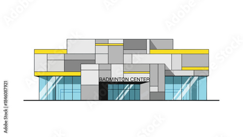 Modern Badminton Center Building with Geometric Facade and Large Glass Windows.