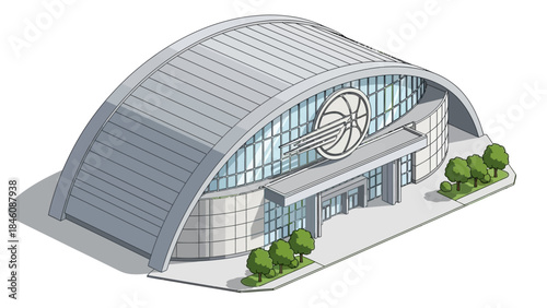 An isometric illustration of a modern sports arena with a distinctive arched roof and large glass facade.